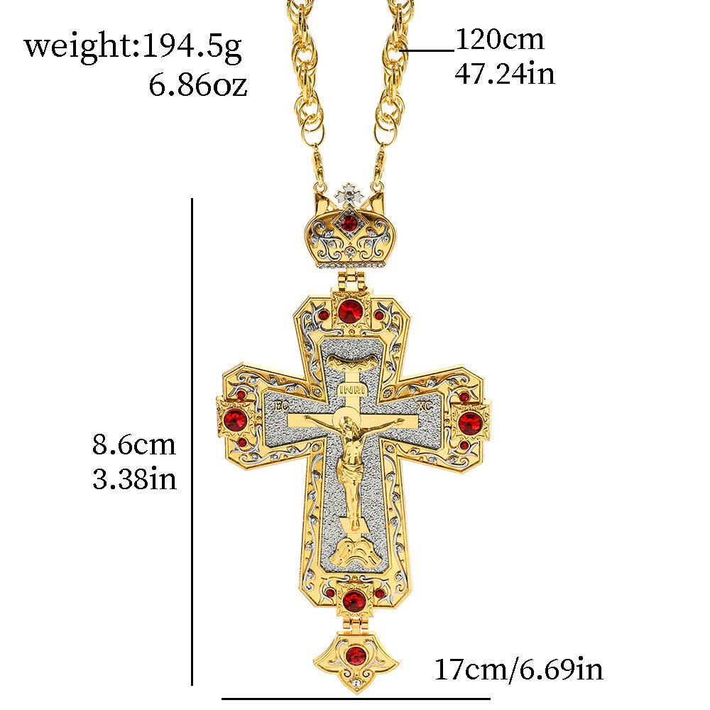 Gem-Adorned Ornate Orthodox Cross Pendant Necklace