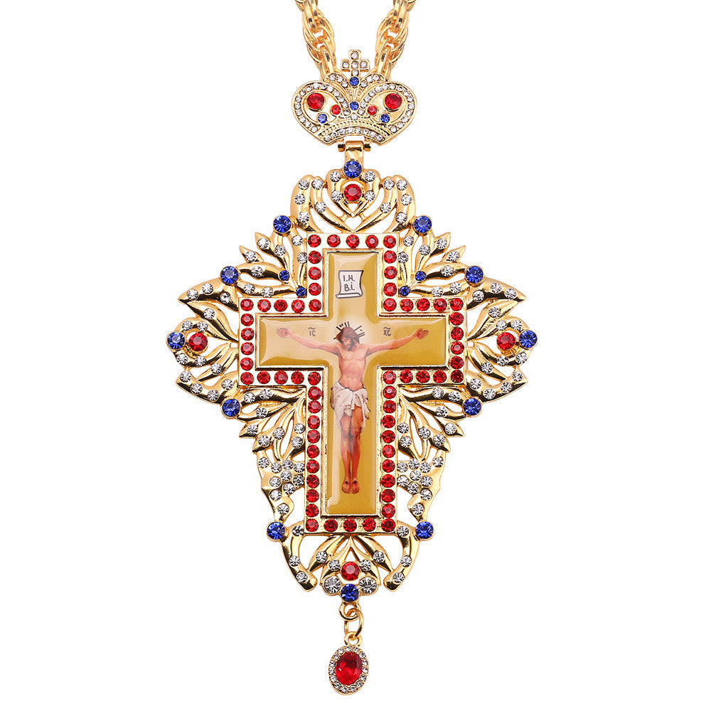 Gem-Adorned Ornate Orthodox Cross Pendant Necklace
