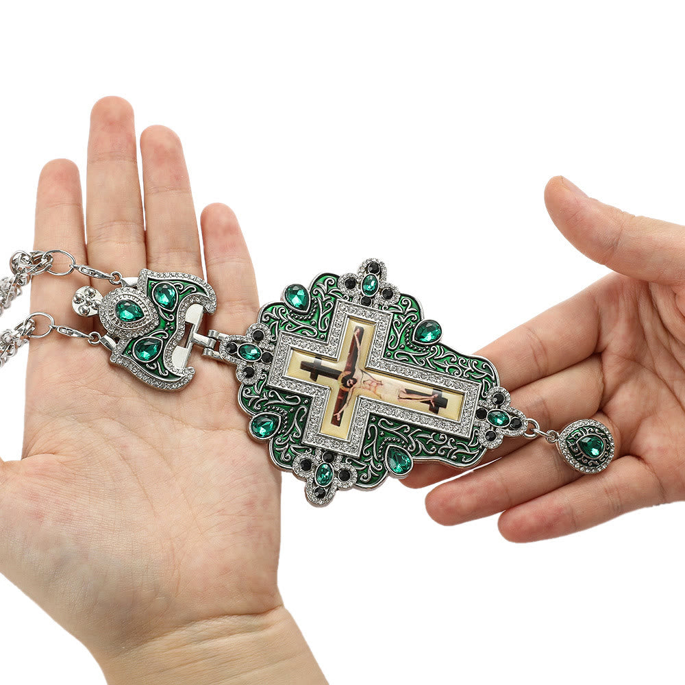 Gem-Adorned Ornate Orthodox Cross Pendant Necklace