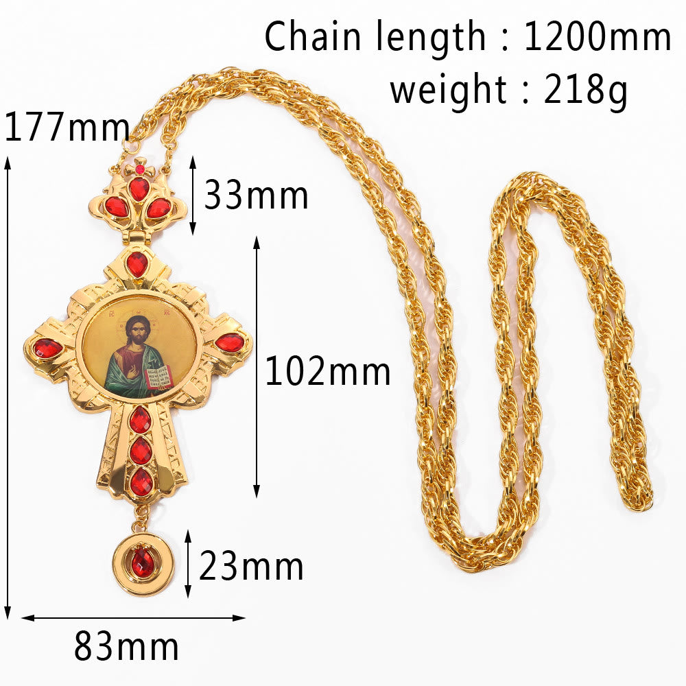 Gem-Adorned Ornate Orthodox Cross Pendant Necklace