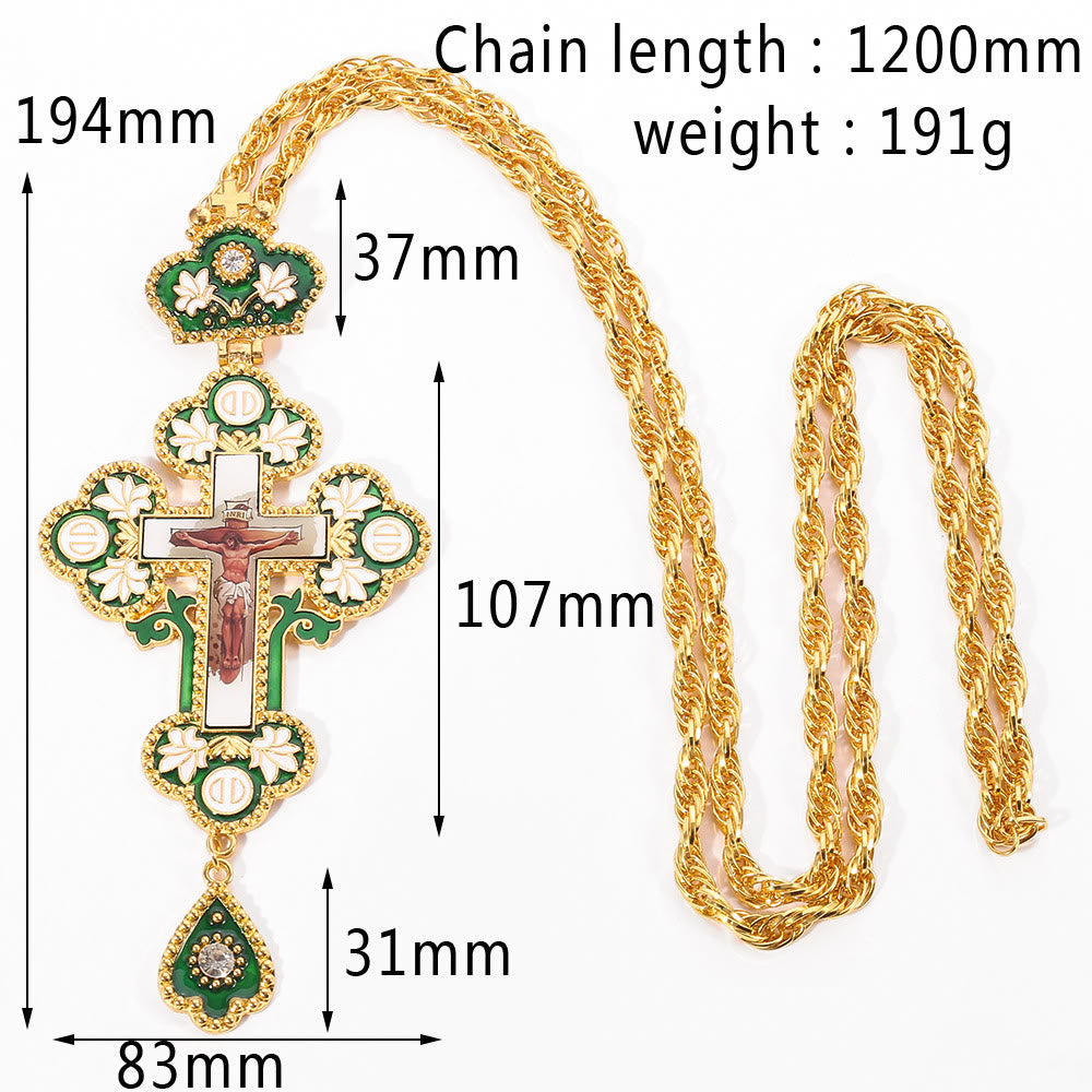 Gem-Adorned Ornate Orthodox Cross Pendant Necklace