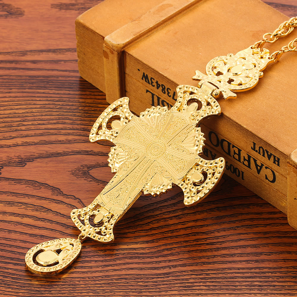 Gem-Adorned Ornate Orthodox Cross Pendant Necklace