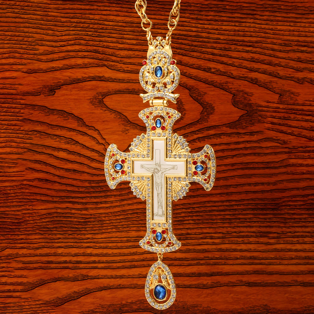 Gem-Adorned Ornate Orthodox Cross Pendant Necklace