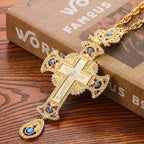 Gem-Adorned Ornate Orthodox Cross Pendant Necklace