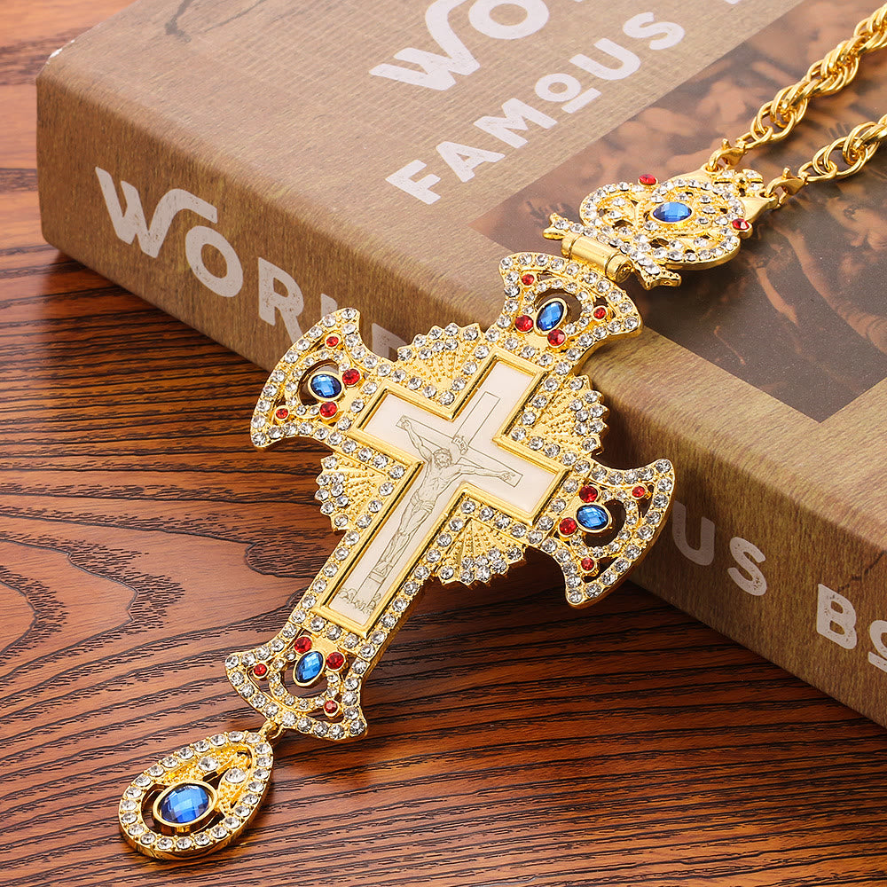 Gem-Adorned Ornate Orthodox Cross Pendant Necklace