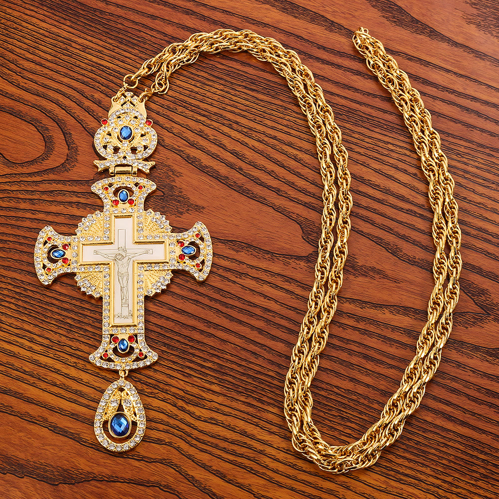 Gem-Adorned Ornate Orthodox Cross Pendant Necklace