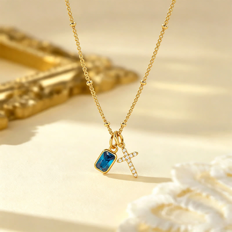 Sacred Cross & Rectangular Gem Charm Faith Necklace