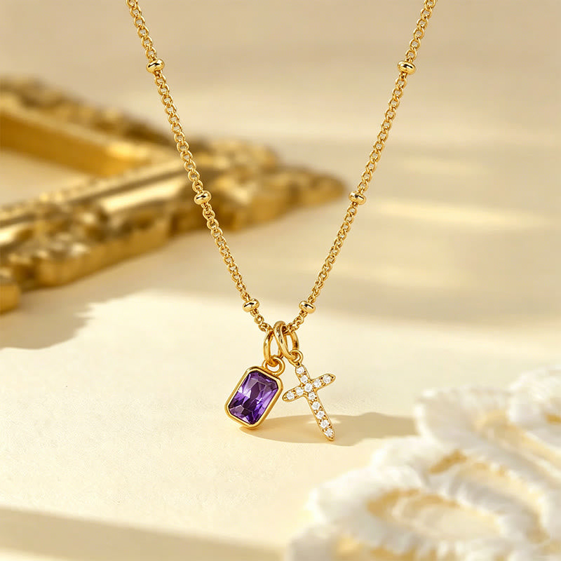 Sacred Cross & Rectangular Gem Charm Faith Necklace
