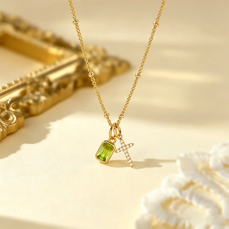 Sacred Cross & Rectangular Gem Charm Faith Necklace