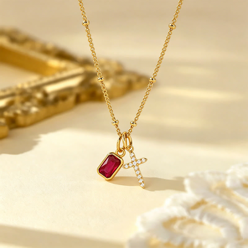 Sacred Cross & Rectangular Gem Charm Faith Necklace