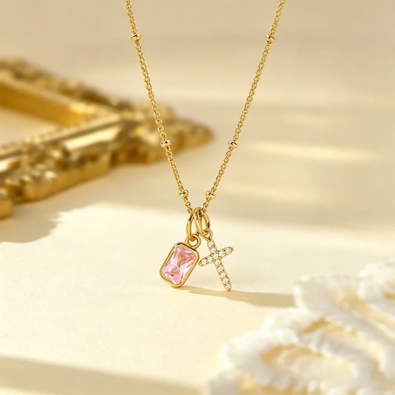 Sacred Cross & Rectangular Gem Charm Faith Necklace