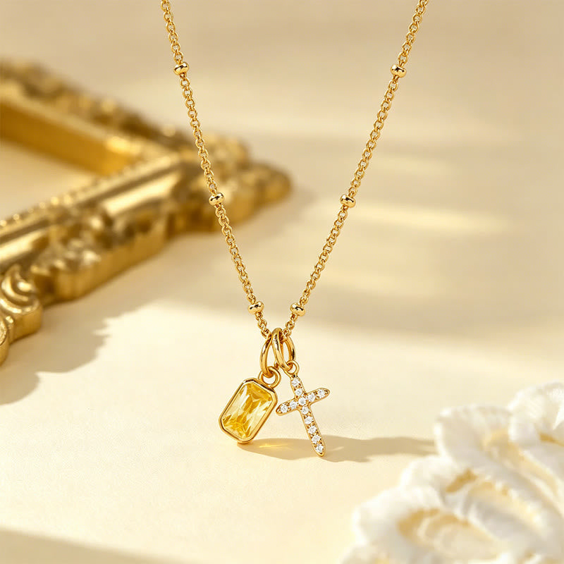 Sacred Cross & Rectangular Gem Charm Faith Necklace