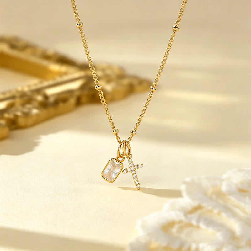 Sacred Cross & Rectangular Gem Charm Faith Necklace