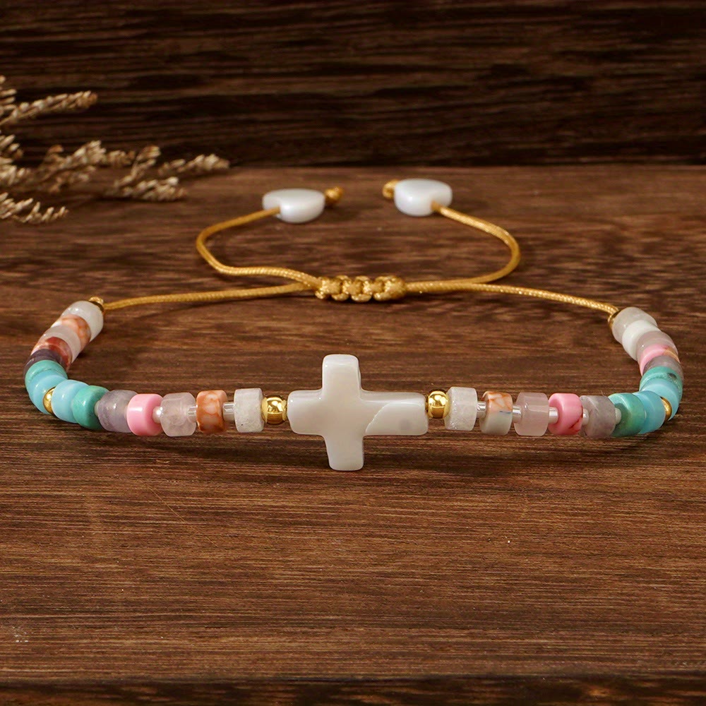 Hollow Cross Natural Stone Bead Friendship Bracelet