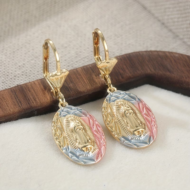 Ornate Our Lady Oval Drop Earrings