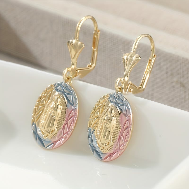 Ornate Our Lady Oval Drop Earrings