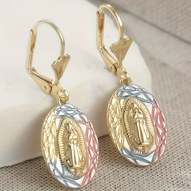 Ornate Our Lady Oval Drop Earrings