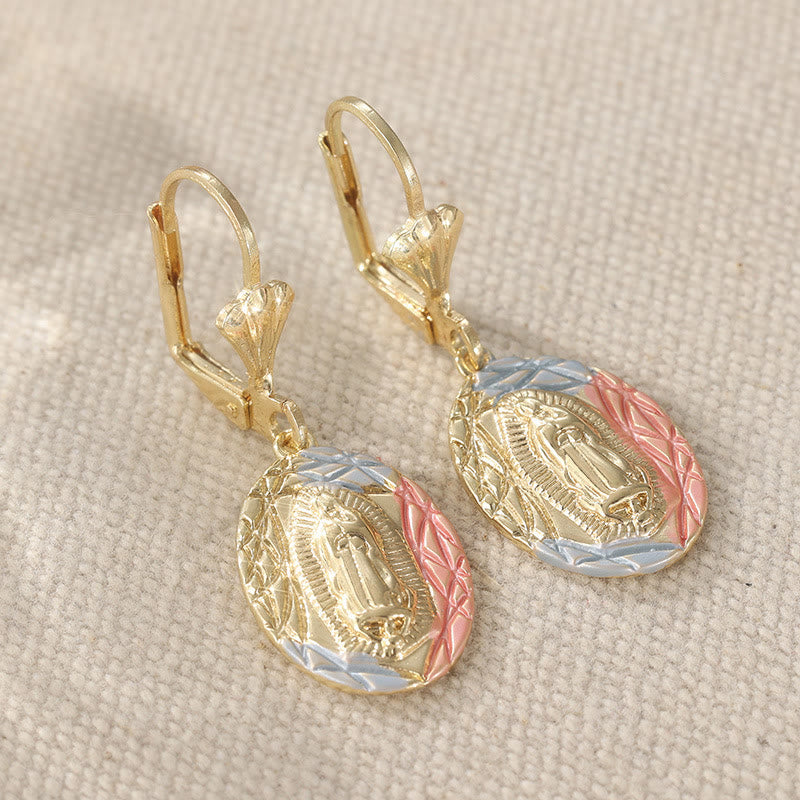 Ornate Our Lady Oval Drop Earrings