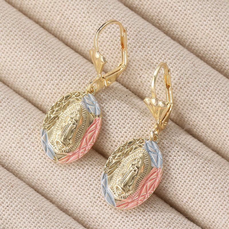 Ornate Our Lady Oval Drop Earrings