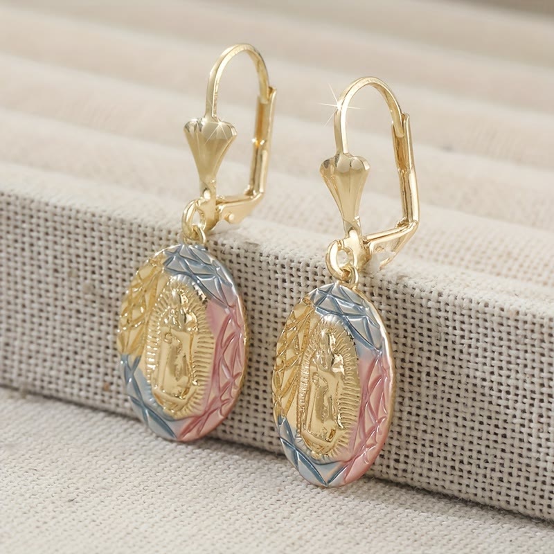 Ornate Our Lady Oval Drop Earrings