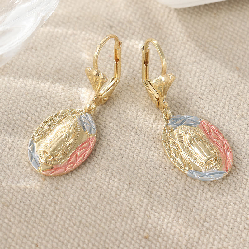 Ornate Our Lady Oval Drop Earrings