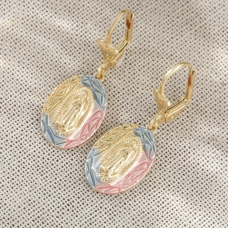Ornate Our Lady Oval Drop Earrings