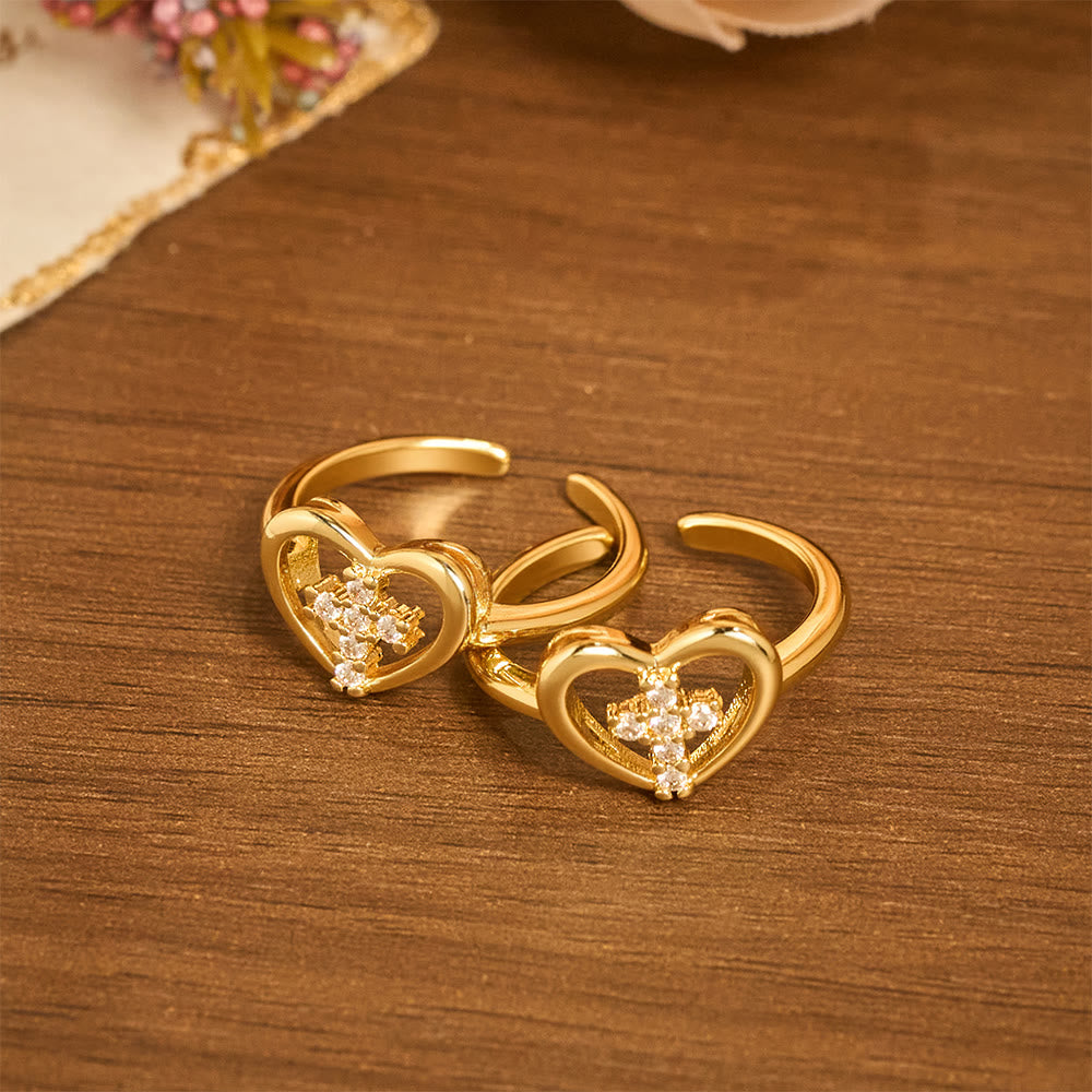 Elegant Heart Cross Open Ring