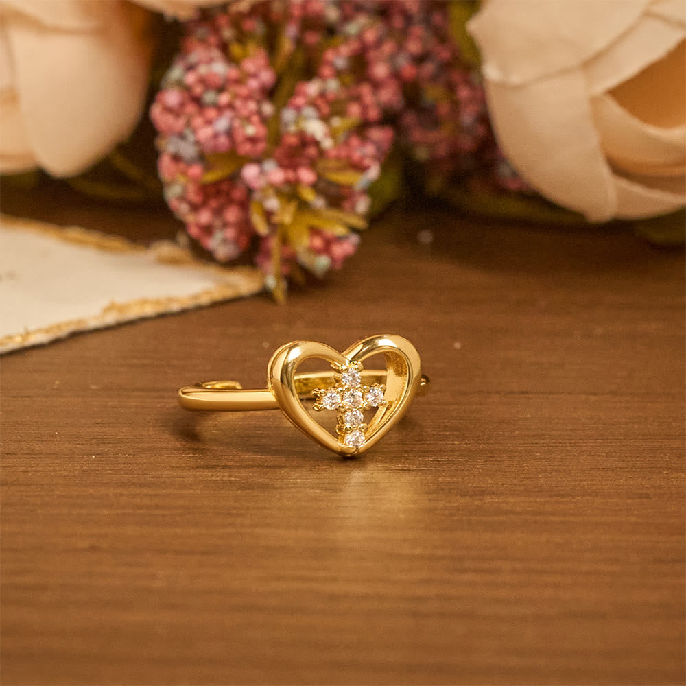 Elegant Heart Cross Open Ring