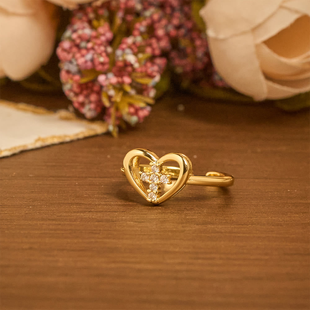 Elegant Heart Cross Open Ring