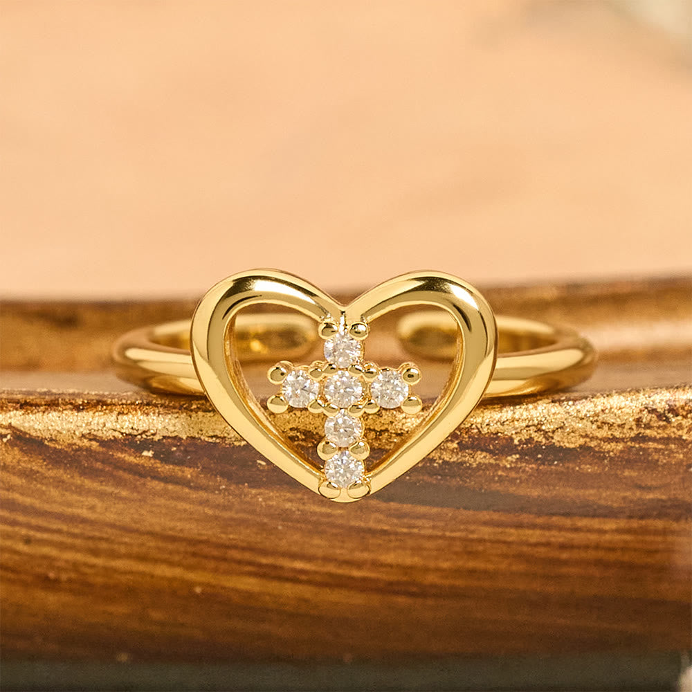 Elegant Heart Cross Open Ring