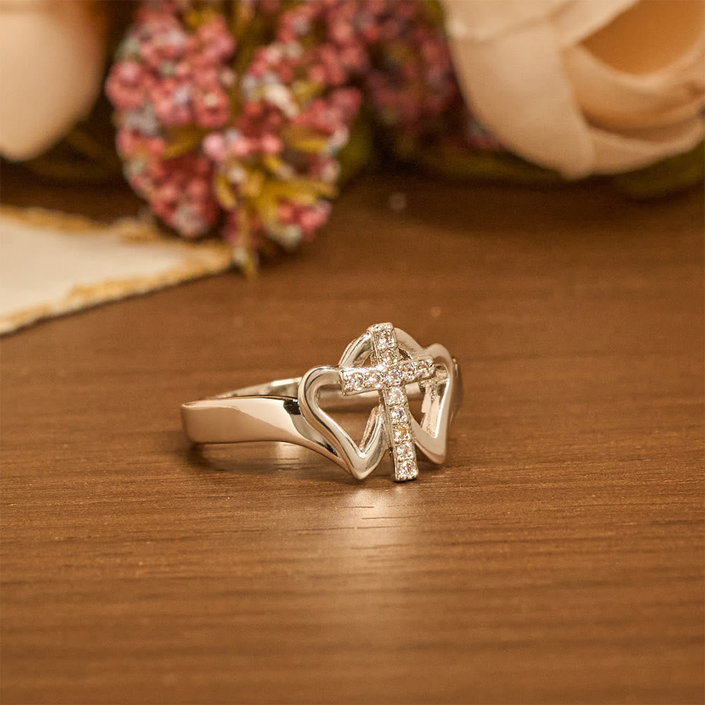 Intricate Twin Hearts Cross Ring