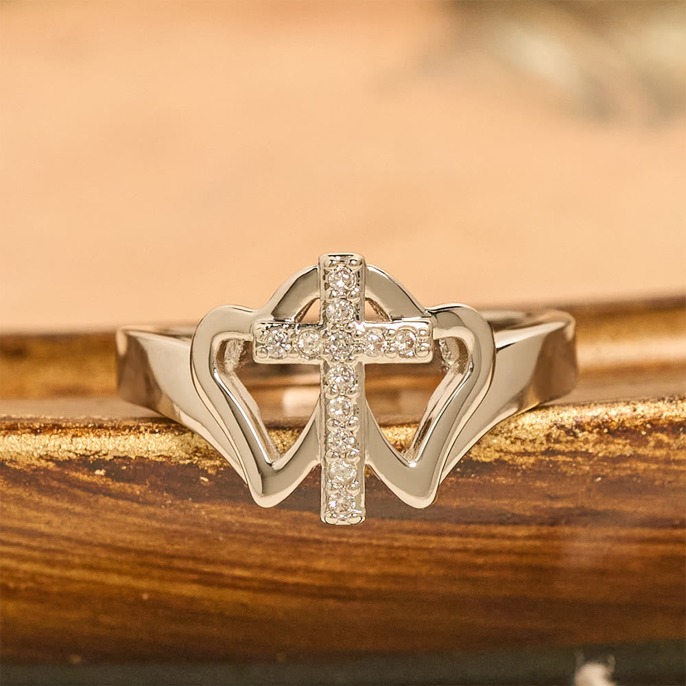 Intricate Twin Hearts Cross Ring
