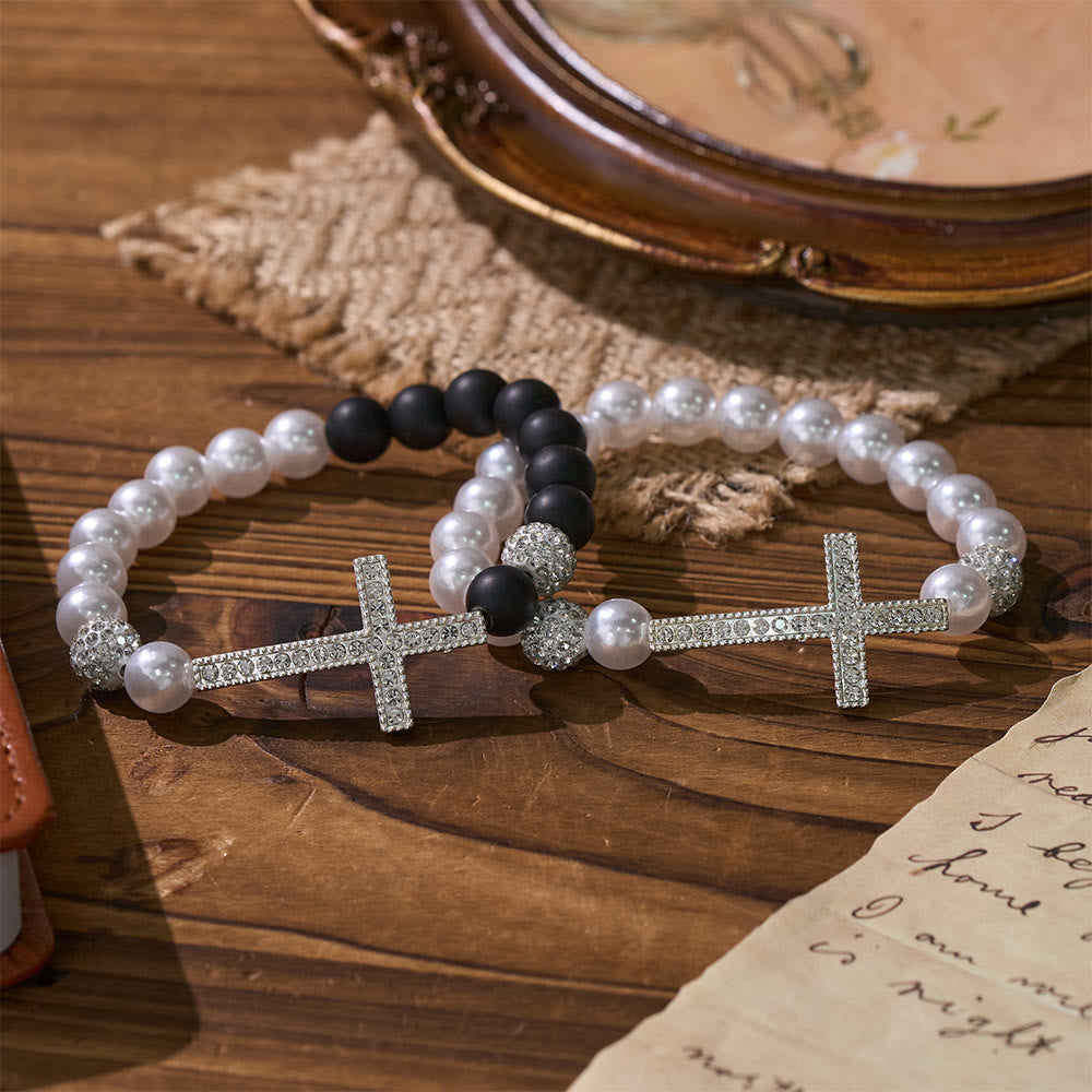 Two-Piece White Bead & Black Mate Bead Cross Bracelet Set