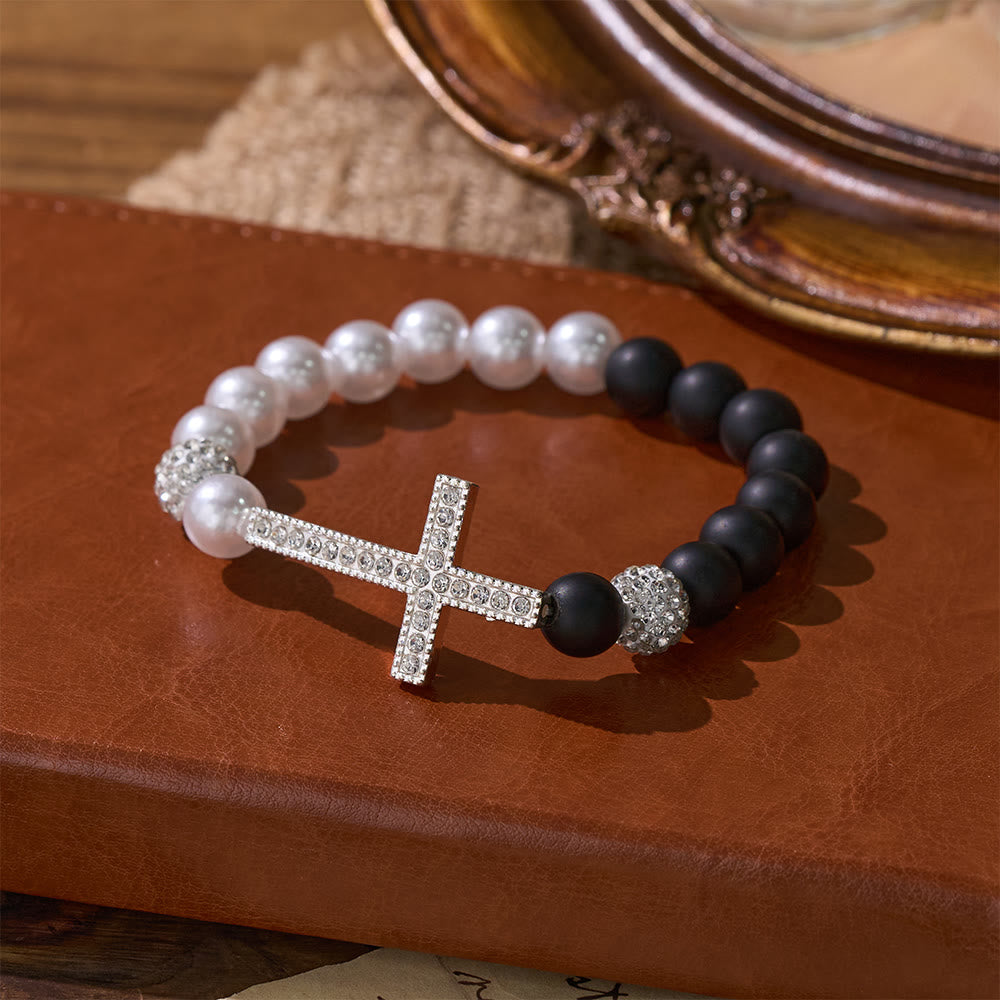 Two-Piece White Bead & Black Mate Bead Cross Bracelet Set