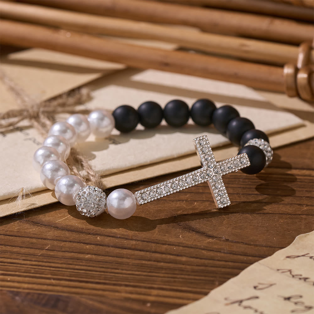 Two-Piece White Bead & Black Mate Bead Cross Bracelet Set