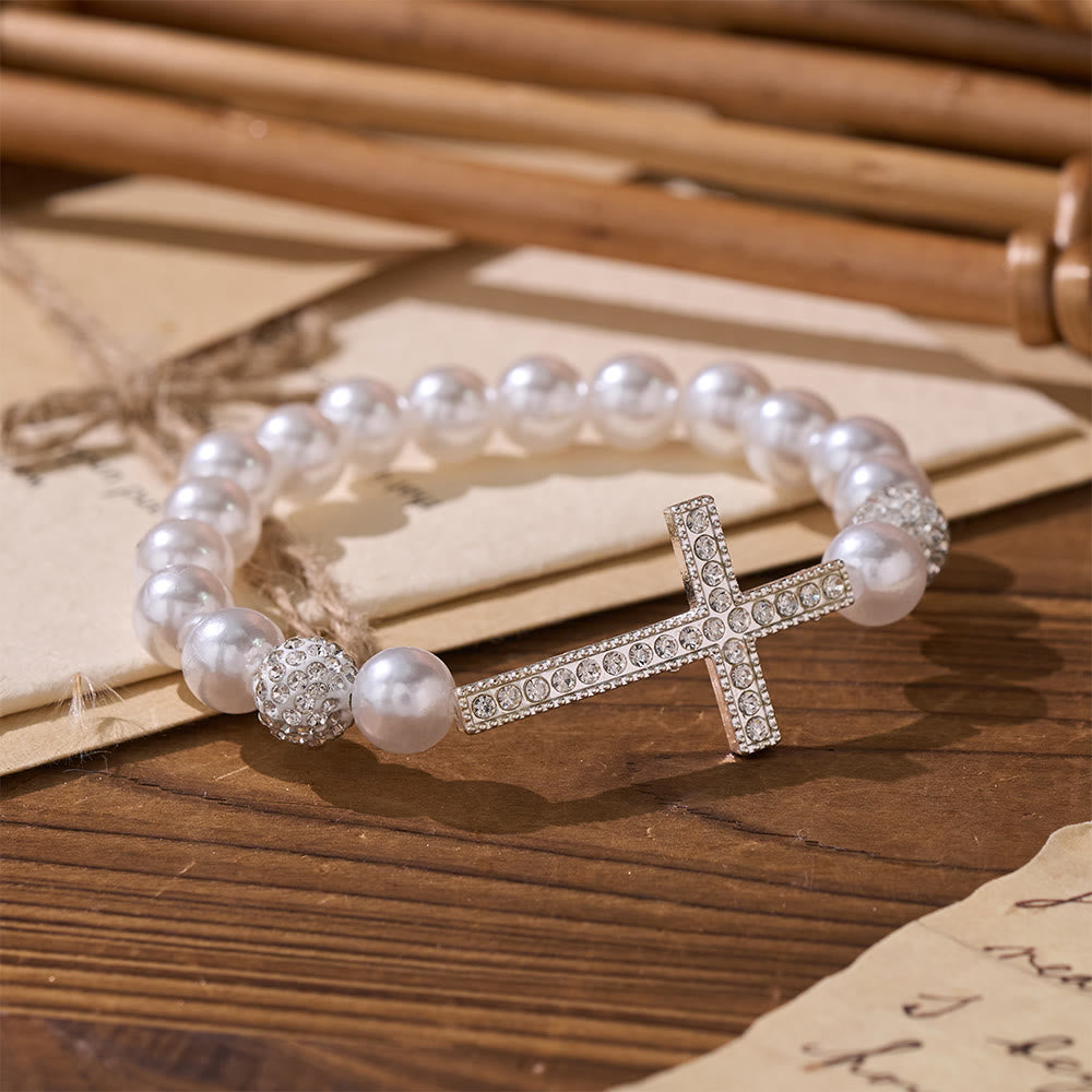 Two-Piece White Bead & Black Mate Bead Cross Bracelet Set