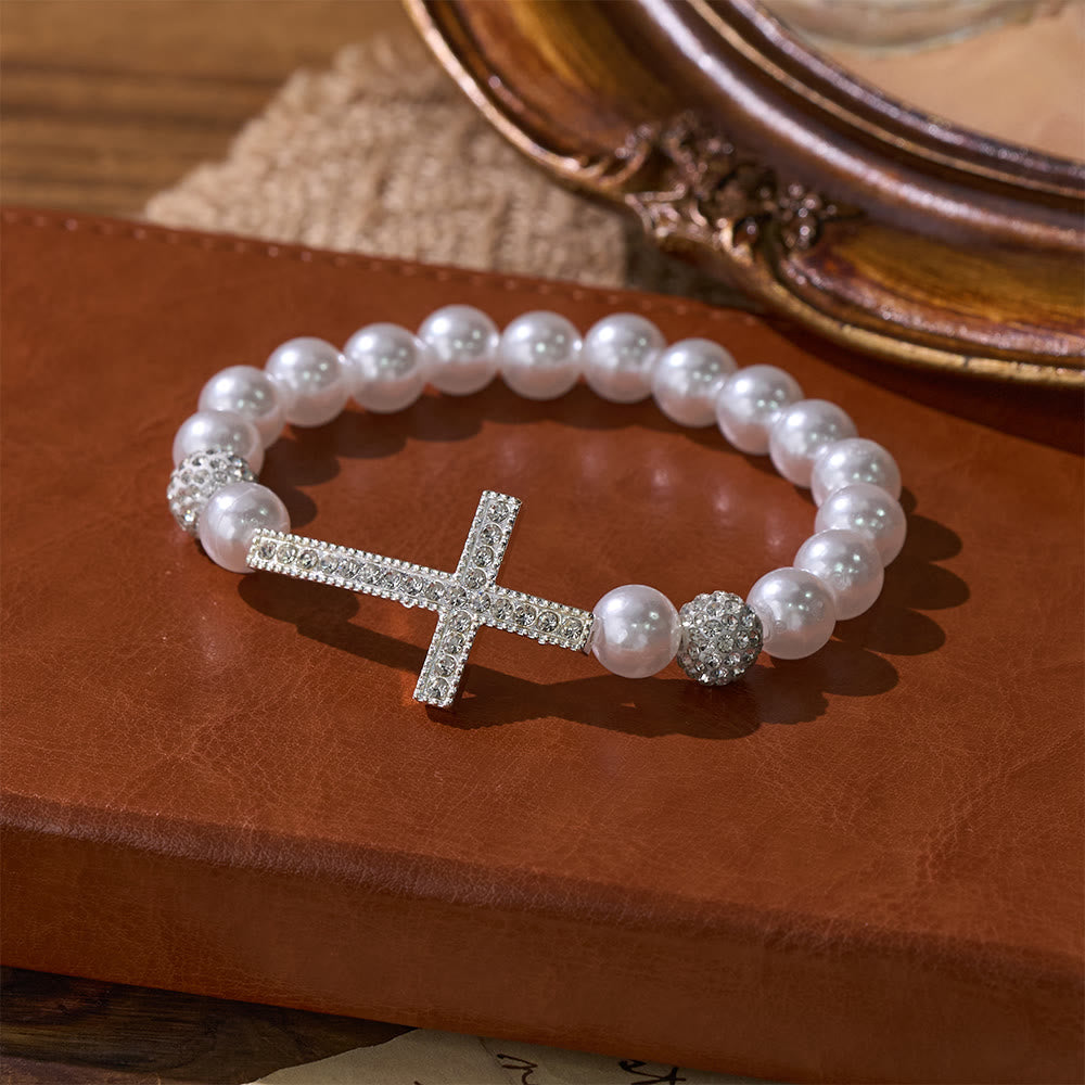 Two-Piece White Bead & Black Mate Bead Cross Bracelet Set