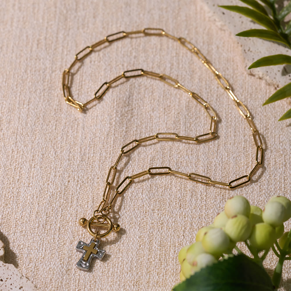Dual-Tone Textured Cross Chain with OT Clasp