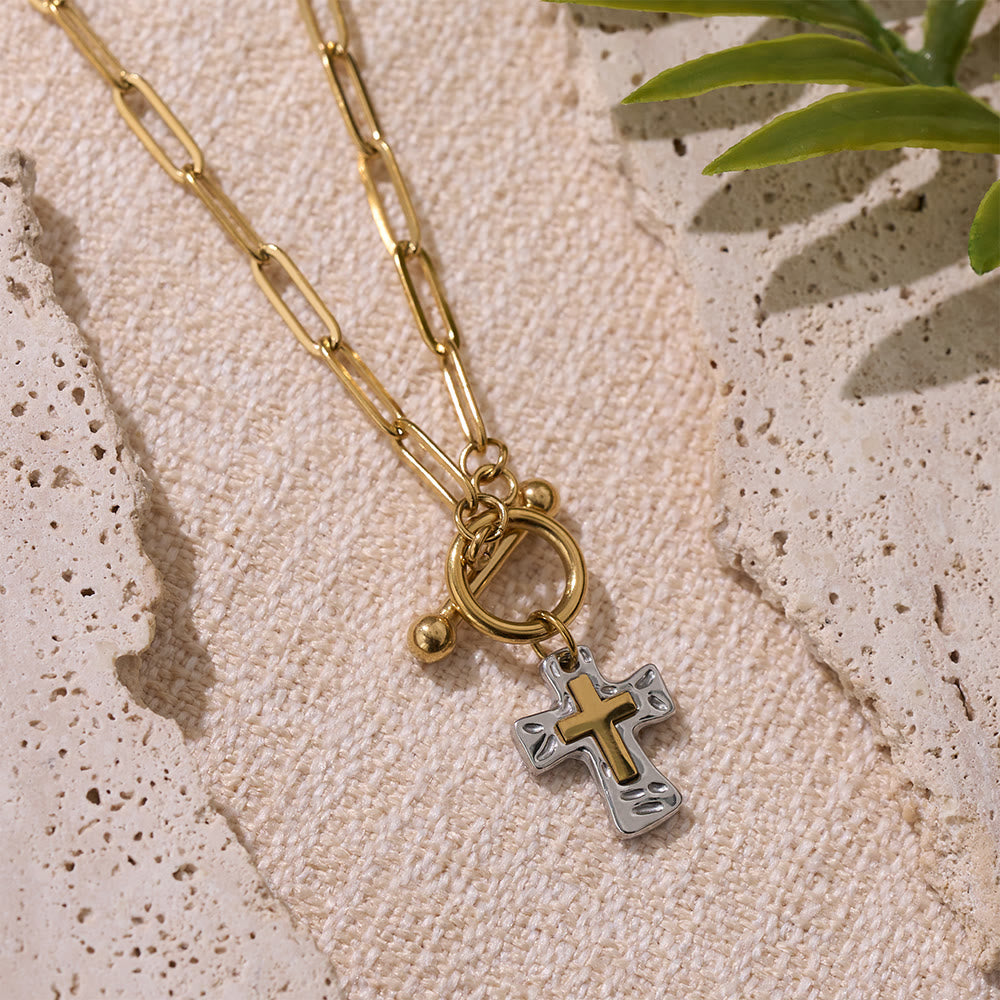 Dual-Tone Textured Cross Chain with OT Clasp