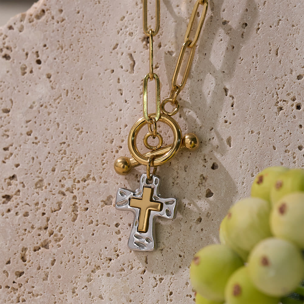 Dual-Tone Textured Cross Chain with OT Clasp