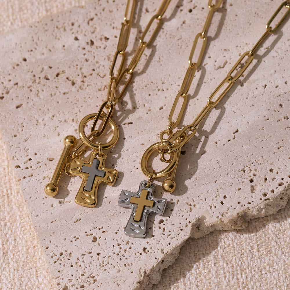 Dual-Tone Textured Cross Chain with OT Clasp