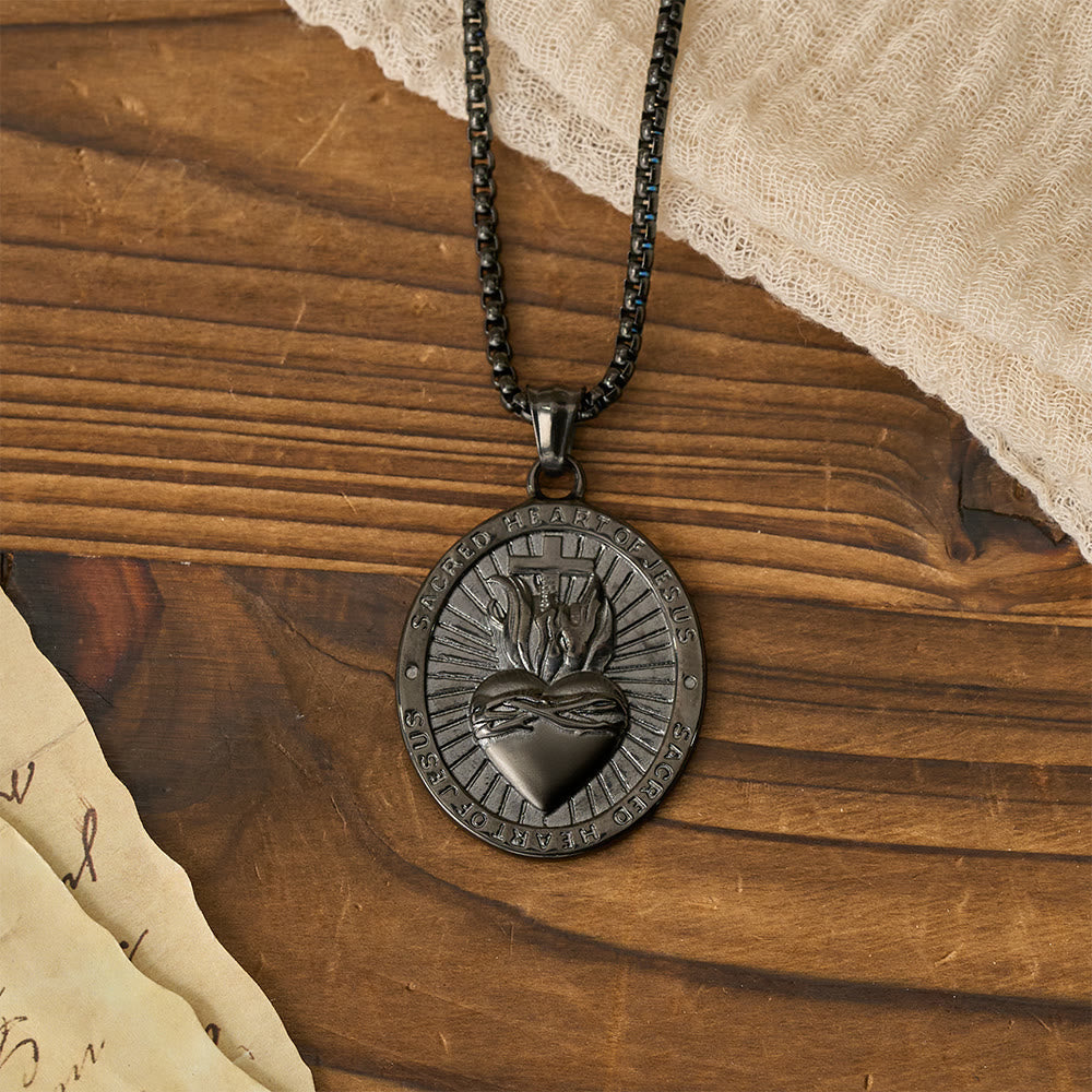 Tri-Color Sacred Heart & Cross Dual-Sided Medallion Necklace