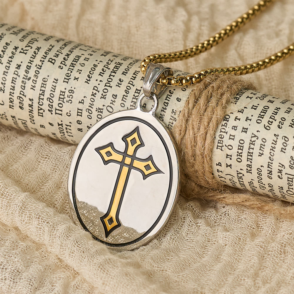 Tri-Color Sacred Heart & Cross Dual-Sided Medallion Necklace