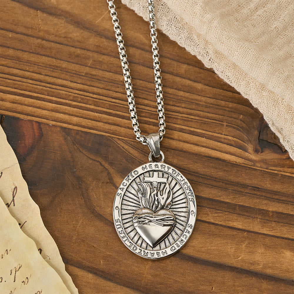 Tri-Color Sacred Heart & Cross Dual-Sided Medallion Necklace