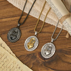 Tri-Color Sacred Heart & Cross Dual-Sided Medallion Necklace