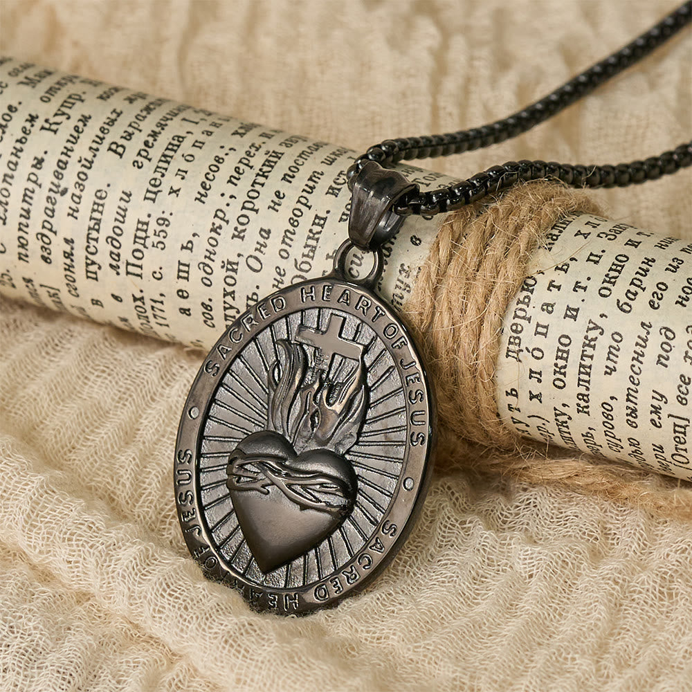 Tri-Color Sacred Heart & Cross Dual-Sided Medallion Necklace