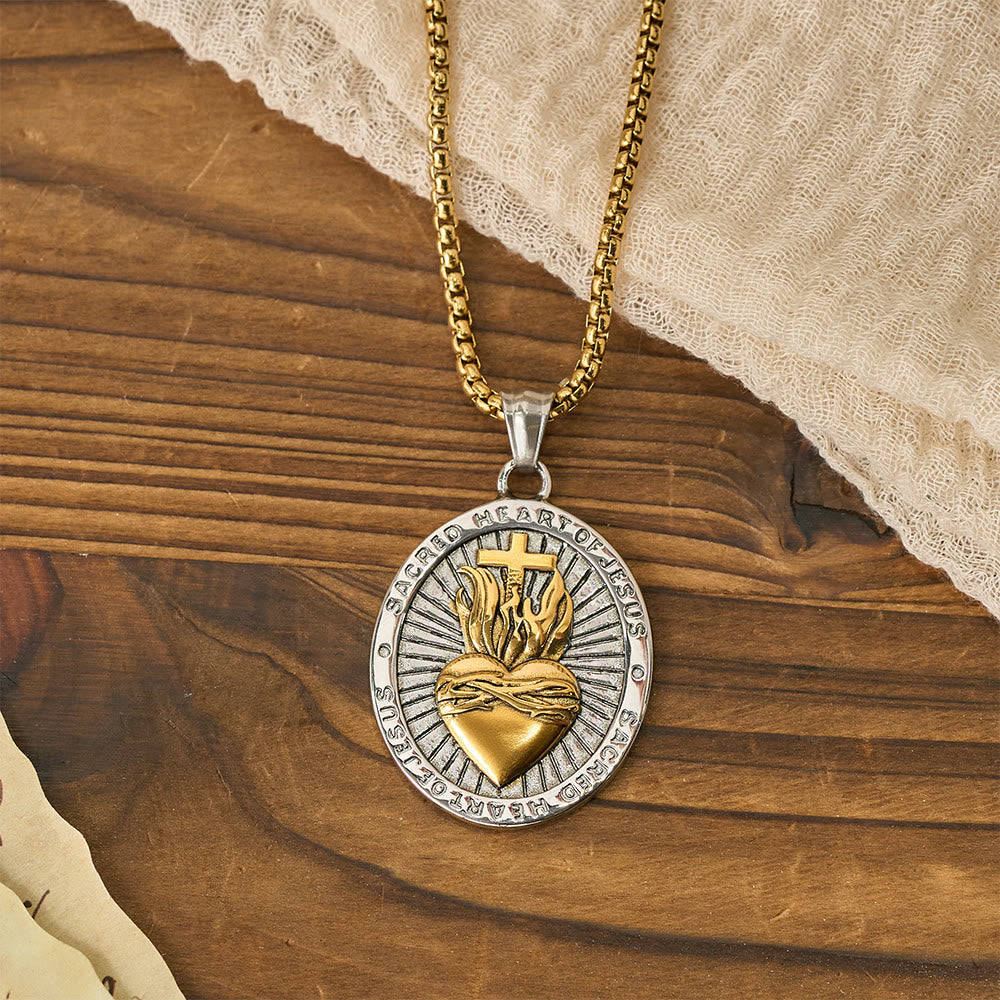 Tri-Color Sacred Heart & Cross Dual-Sided Medallion Necklace