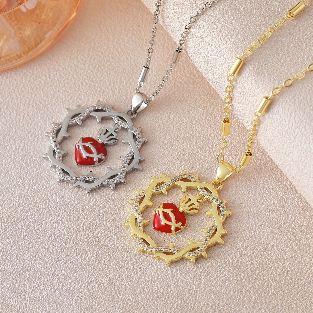 Thorn-Wreathed Sacred Heart Dual-Tone Necklace