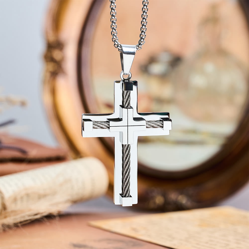 Three-Color Dual-Layer Twisted Steel Core Cross Necklace
