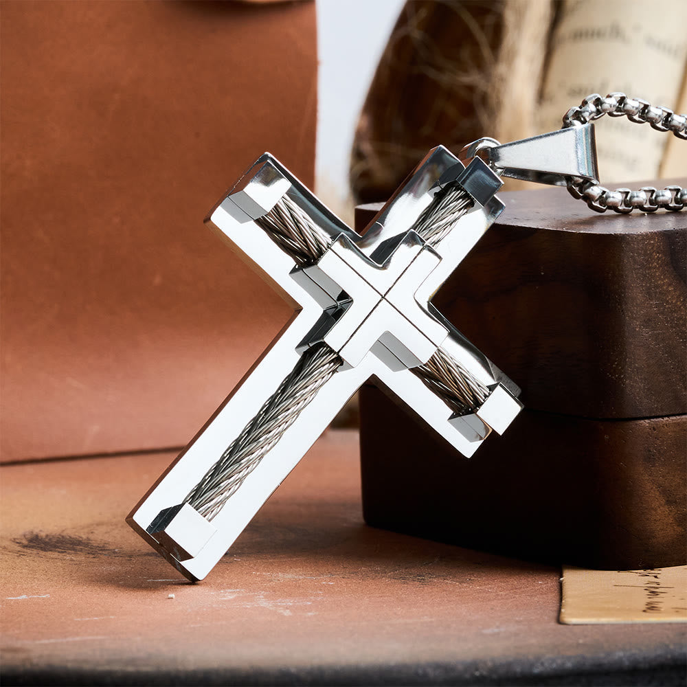 Three-Color Dual-Layer Twisted Steel Core Cross Necklace